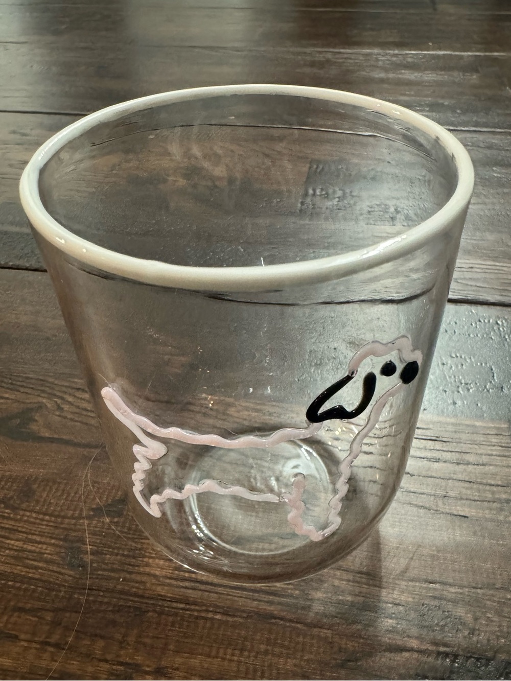 Anthropologie Clear Juice Glass with White Rim and Pink Dog